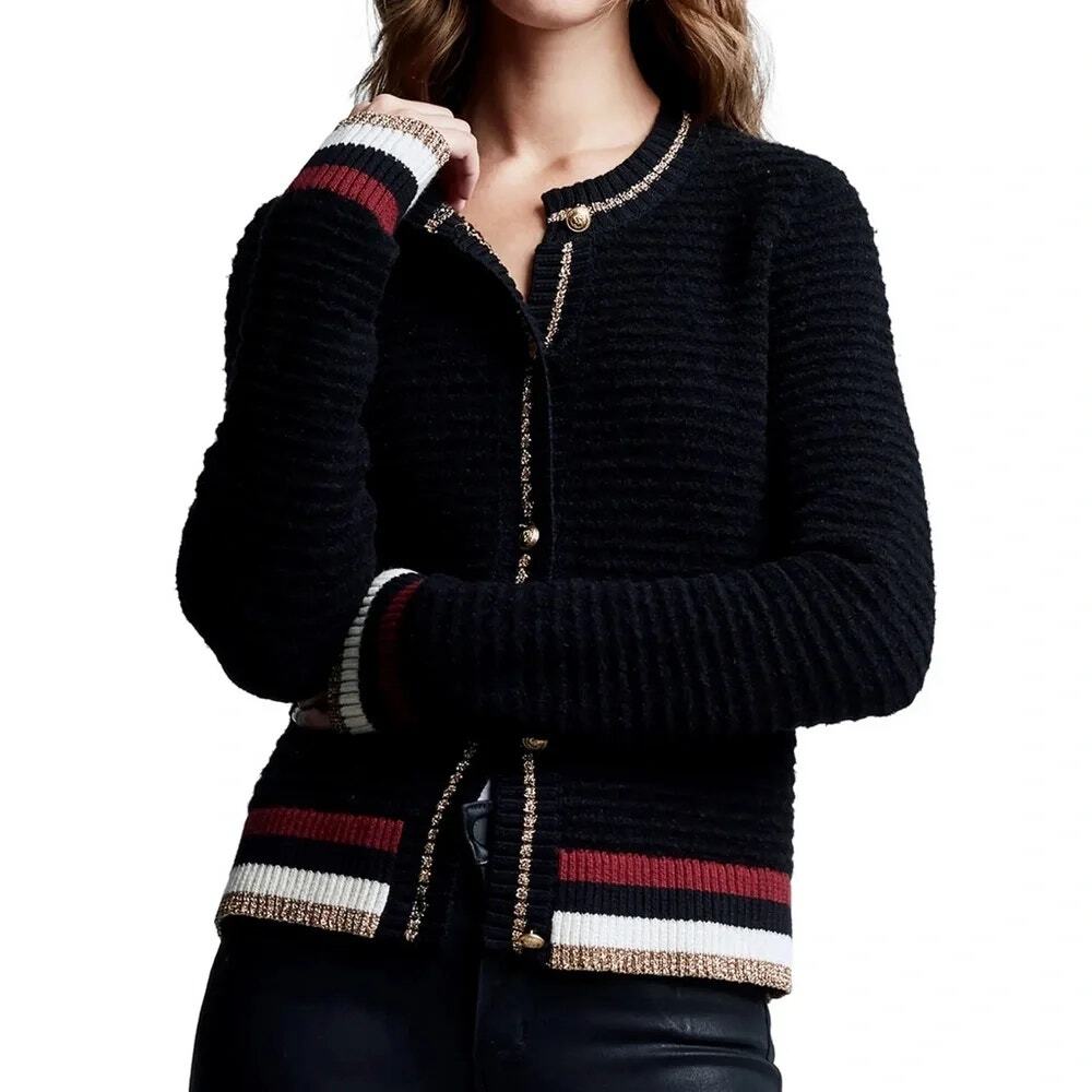 L'Agence Archer Metallic Tipped Long Sleeve Knit Cardigan Sweater Black Womens L